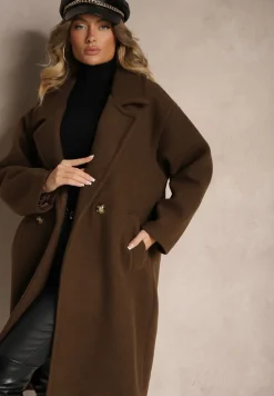 Brązowy Dwurzędowy Płaszcz Oversize z Wełną Spolete