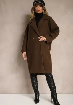 Brązowy Dwurzędowy Płaszcz Oversize z Wełną Spolete
