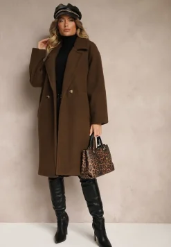 Brązowy Dwurzędowy Płaszcz Oversize z Wełną Spolete