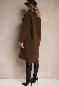 Brązowy Dwurzędowy Płaszcz Oversize z Wełną Spolete