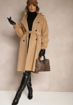 Brązowy Dwurzędowy Płaszcz Trencz o Eleganckim Kroju z Paskiem Edioneta