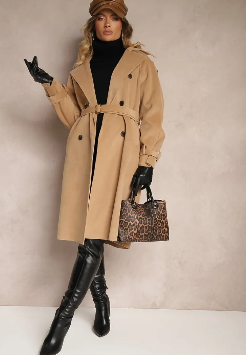 Brązowy Dwurzędowy Płaszcz Trencz o Eleganckim Kroju z Paskiem Edioneta