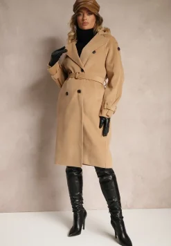 Brązowy Dwurzędowy Płaszcz Trencz o Eleganckim Kroju z Paskiem Edioneta