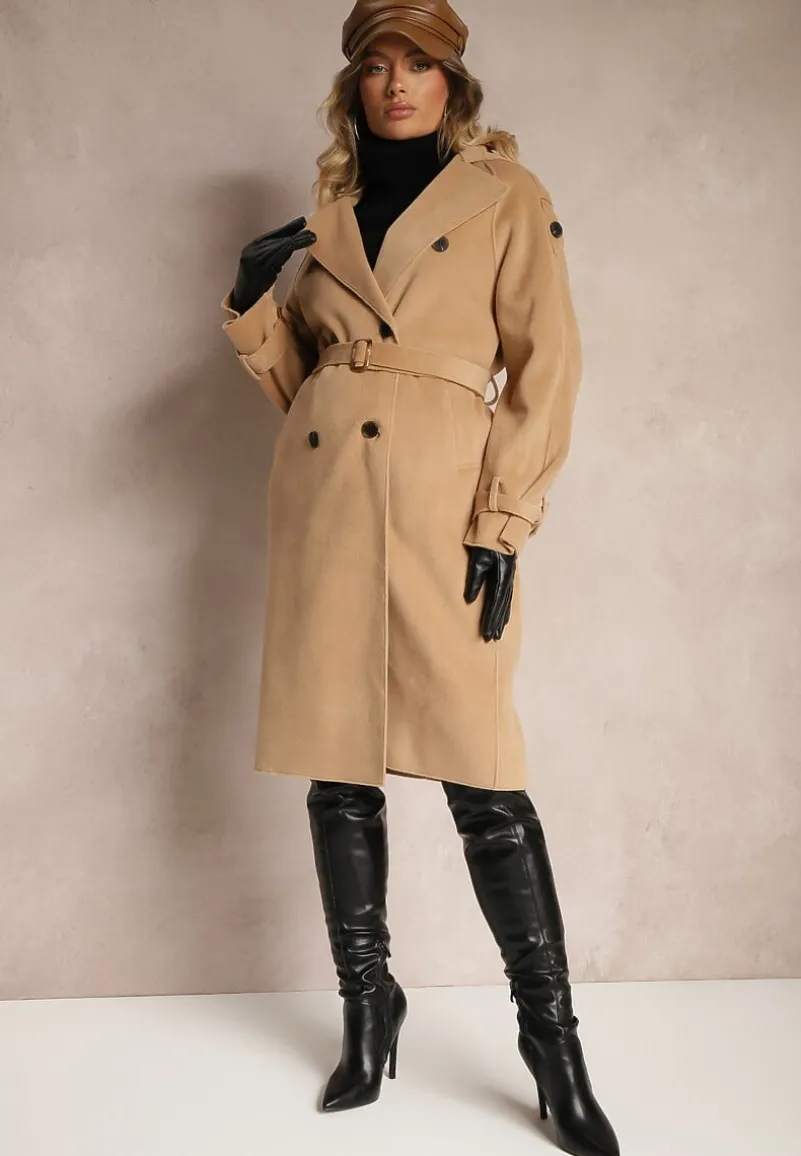 Brązowy Dwurzędowy Płaszcz Trencz o Eleganckim Kroju z Paskiem Edioneta