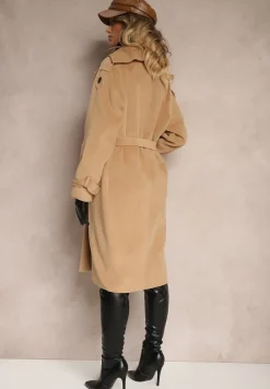 Brązowy Dwurzędowy Płaszcz Trencz o Eleganckim Kroju z Paskiem Edioneta