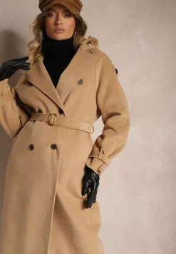 Brązowy Dwurzędowy Płaszcz Trencz o Eleganckim Kroju z Paskiem Edioneta