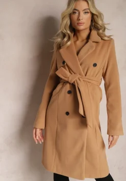 Brązowy Dwurzędowy Płaszcz z Wiskozy z Paskiem w Talii Beluna