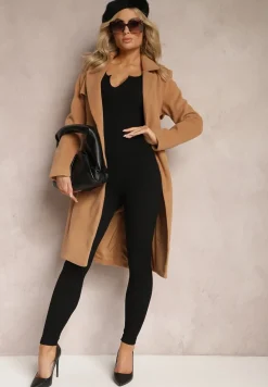 Brązowy Dwurzędowy Płaszcz z Wiskozy z Paskiem w Talii Beluna