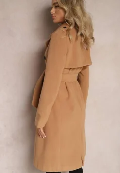 Brązowy Dwurzędowy Płaszcz z Wiskozy z Paskiem w Talii Beluna
