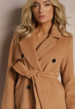Brązowy Dwurzędowy Płaszcz z Wiskozy z Paskiem w Talii Beluna
