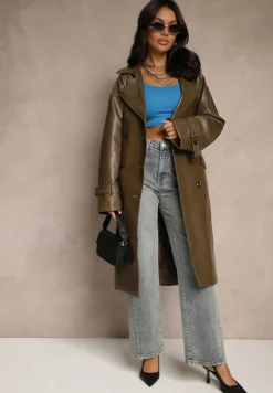 Brązowy Dwurzędowy Płaszcz z Imitacji Skóry z Paskiem Dyrine