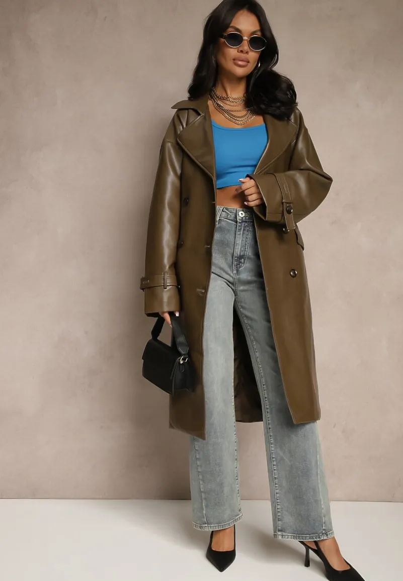 Brązowy Dwurzędowy Płaszcz z Imitacji Skóry z Paskiem Dyrine