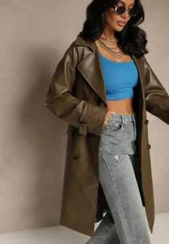 Brązowy Dwurzędowy Płaszcz z Imitacji Skóry z Paskiem Dyrine