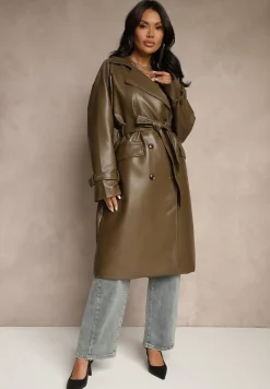 Brązowy Dwurzędowy Płaszcz z Imitacji Skóry z Paskiem Dyrine