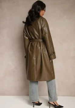 Brązowy Dwurzędowy Płaszcz z Imitacji Skóry z Paskiem Dyrine