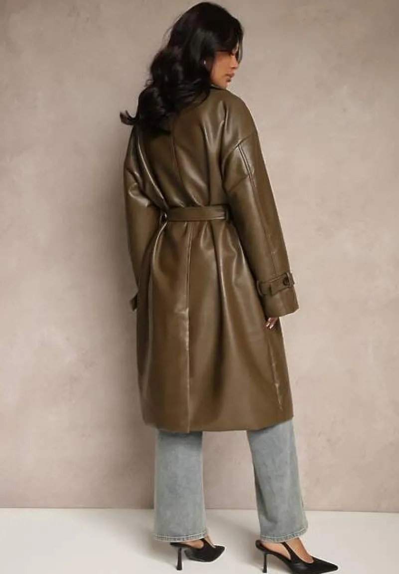 Brązowy Dwurzędowy Płaszcz z Imitacji Skóry z Paskiem Dyrine