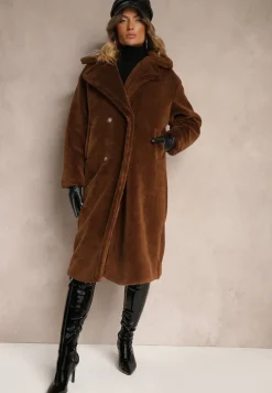 Brązowy Dwurzędowy Płaszcz z Futerkiem Zelirra