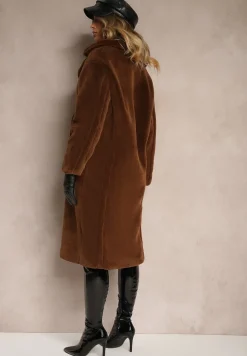 Brązowy Dwurzędowy Płaszcz z Futerkiem Zelirra