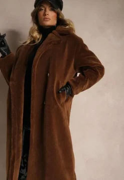 Brązowy Dwurzędowy Płaszcz z Futerkiem Zelirra