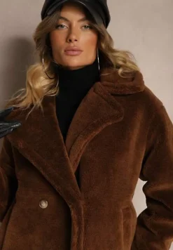 Brązowy Dwurzędowy Płaszcz z Futerkiem Zelirra