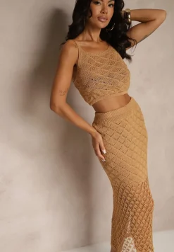 Brązowy Dzianinowy Komplet Top na Ramiączkach i Spódnica z Siateczkowej Tkaniny Tiarienne