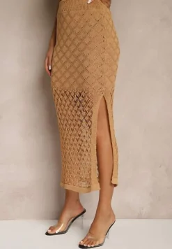 Brązowy Dzianinowy Komplet Top na Ramiączkach i Spódnica z Siateczkowej Tkaniny Tiarienne
