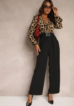 Brązowy Elegancki Kombinezon Ozdobiony Wzorem w Panterkę i Paskiem Vailisea