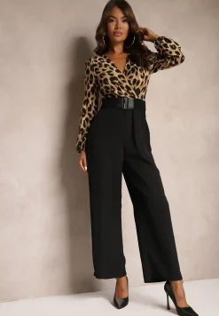 Brązowy Elegancki Kombinezon Ozdobiony Wzorem w Panterkę i Paskiem Vailisea