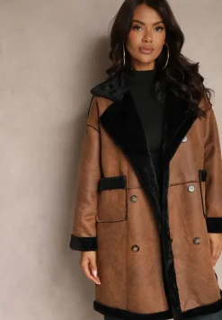 Brązowy Futerkowy Płaszcz Dwurzędowy z Kieszeniami i Szerokim Kołnierzem Sartelia