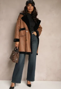 Brązowy Futerkowy Płaszcz Dwurzędowy z Kieszeniami i Szerokim Kołnierzem Sartelia