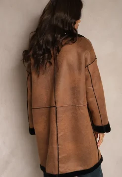 Brązowy Futerkowy Płaszcz Dwurzędowy z Kieszeniami i Szerokim Kołnierzem Sartelia