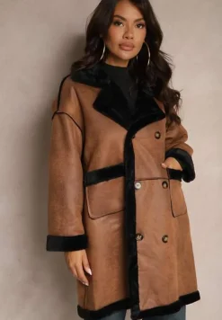 Brązowy Futerkowy Płaszcz Dwurzędowy z Kieszeniami i Szerokim Kołnierzem Sartelia