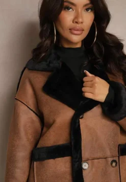 Brązowy Futerkowy Płaszcz Dwurzędowy z Kieszeniami i Szerokim Kołnierzem Sartelia