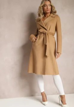 Brązowy Gładki Płaszcz z Materiałowym Paskiem i Zapięciem na Napy Arkella