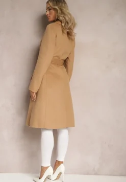 Brązowy Gładki Płaszcz z Materiałowym Paskiem i Zapięciem na Napy Arkella