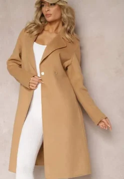 Brązowy Gładki Płaszcz z Materiałowym Paskiem i Zapięciem na Napy Arkella
