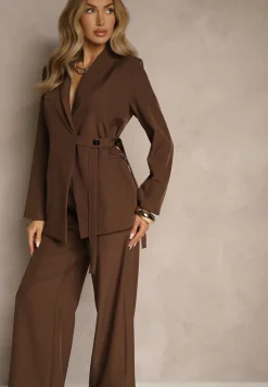 Brązowy Garnitur Szerokie Spodnie i Asymetryczna Marynarka Pumeira