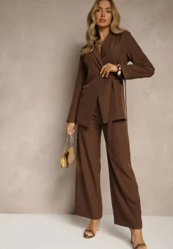 Brązowy Garnitur Szerokie Spodnie i Asymetryczna Marynarka Pumeira