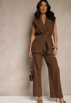 Brązowy Garniturowy Komplet Kamizelka z Wiązaniem i Spodnie o Szerokim Kroju Davielis