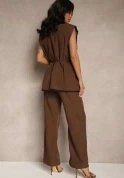 Brązowy Garniturowy Komplet Kamizelka z Wiązaniem i Spodnie o Szerokim Kroju Davielis