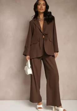 Brązowy Garniturowy Komplet z Wiązaną Marynarką i Prostymi Spodniami Tilinne