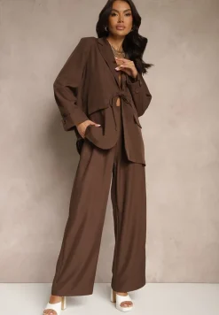 Brązowy Garniturowy Komplet z Wiązaną Marynarką i Prostymi Spodniami Tilinne