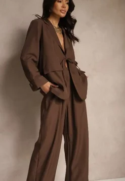 Brązowy Garniturowy Komplet z Wiązaną Marynarką i Prostymi Spodniami Tilinne