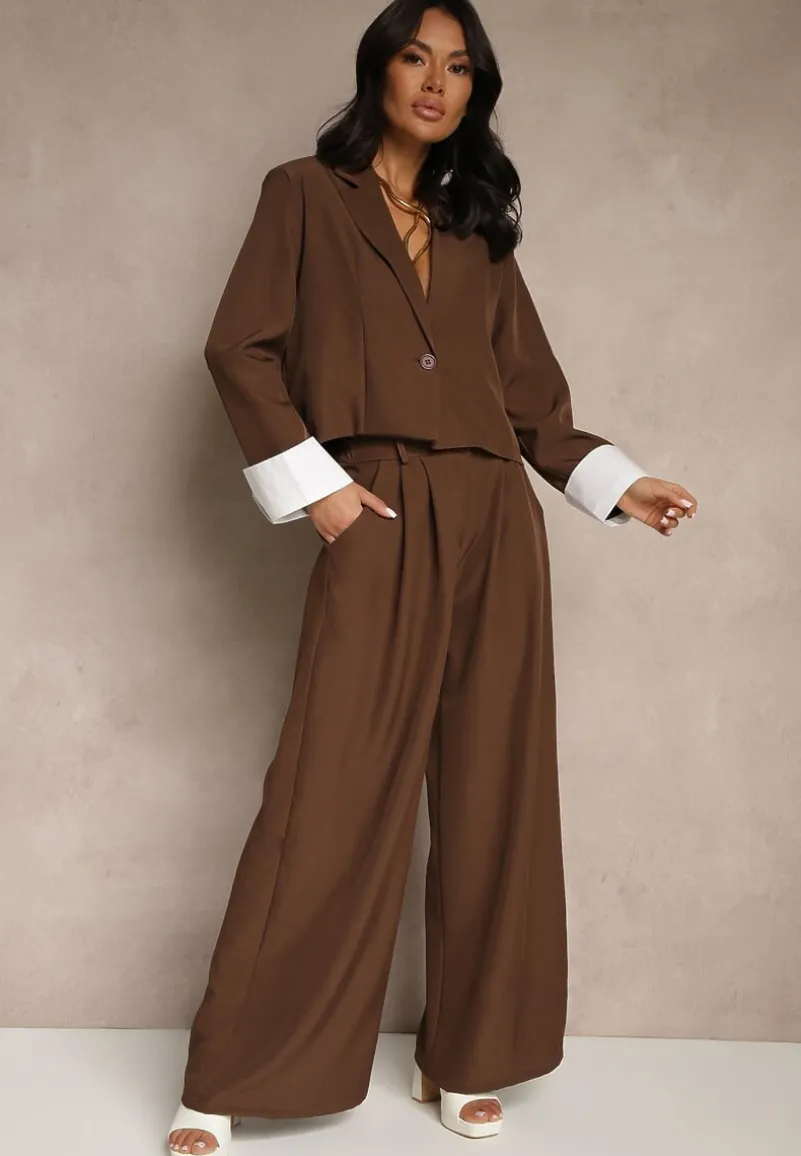 Brązowy Garniturowy Komplet Marynarka i Spodnie z Kontrastującymi Zdobieniami Davirielle