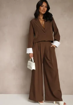 Brązowy Garniturowy Komplet Marynarka i Spodnie z Kontrastującymi Zdobieniami Davirielle