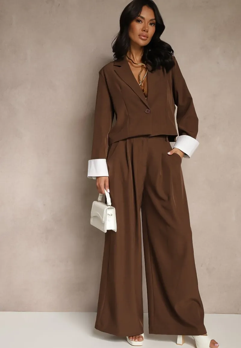 Brązowy Garniturowy Komplet Marynarka i Spodnie z Kontrastującymi Zdobieniami Davirielle