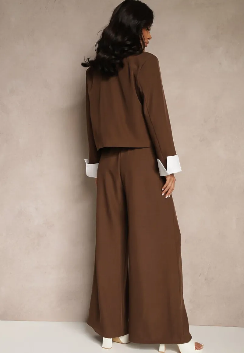 Brązowy Garniturowy Komplet Marynarka i Spodnie z Kontrastującymi Zdobieniami Davirielle