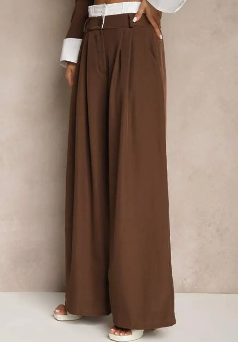 Brązowy Garniturowy Komplet Marynarka i Spodnie z Kontrastującymi Zdobieniami Davirielle