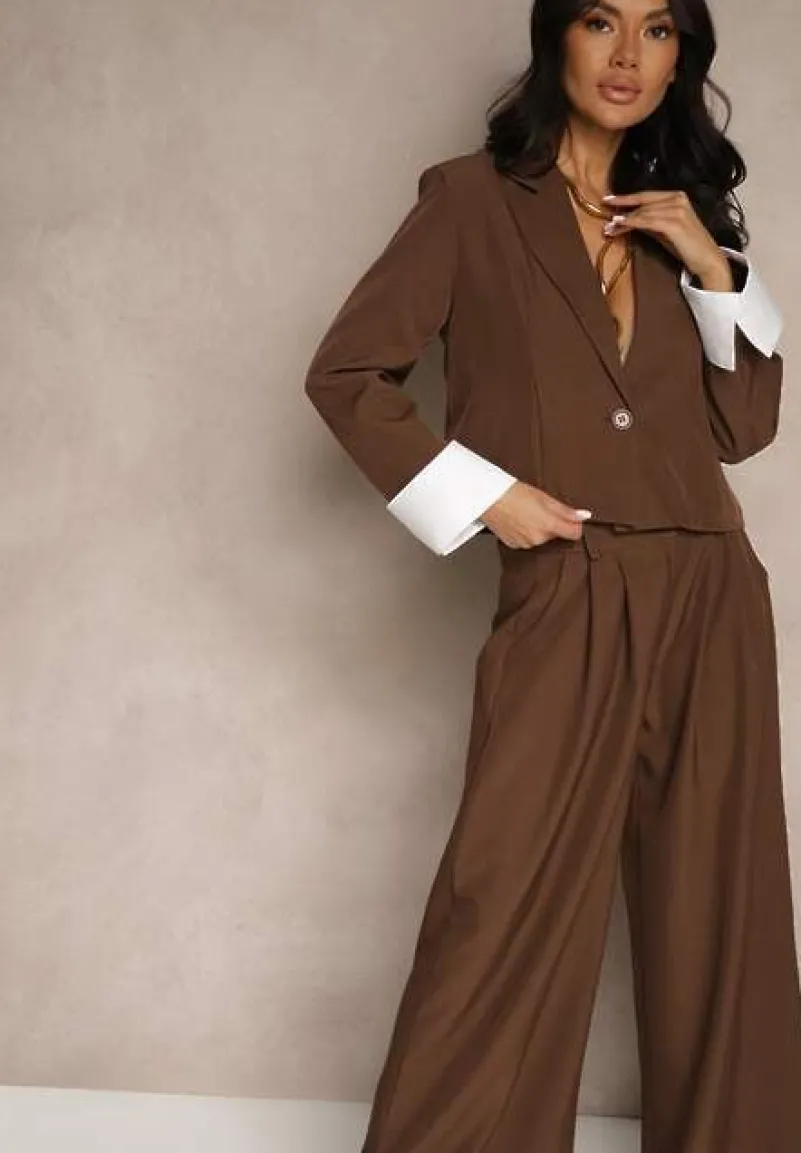 Brązowy Garniturowy Komplet Marynarka i Spodnie z Kontrastującymi Zdobieniami Davirielle