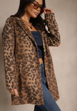Brązowy Jednorzędowy Płaszcz z Pluszowej Tkaniny w Panterkę Penarria
